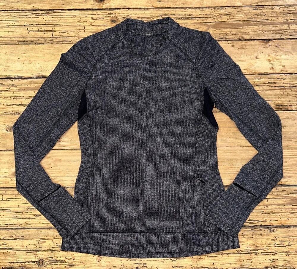 Lululemon Women’s Size 6 Think Fast LS Heathered Herringbone Black W/thumbholes